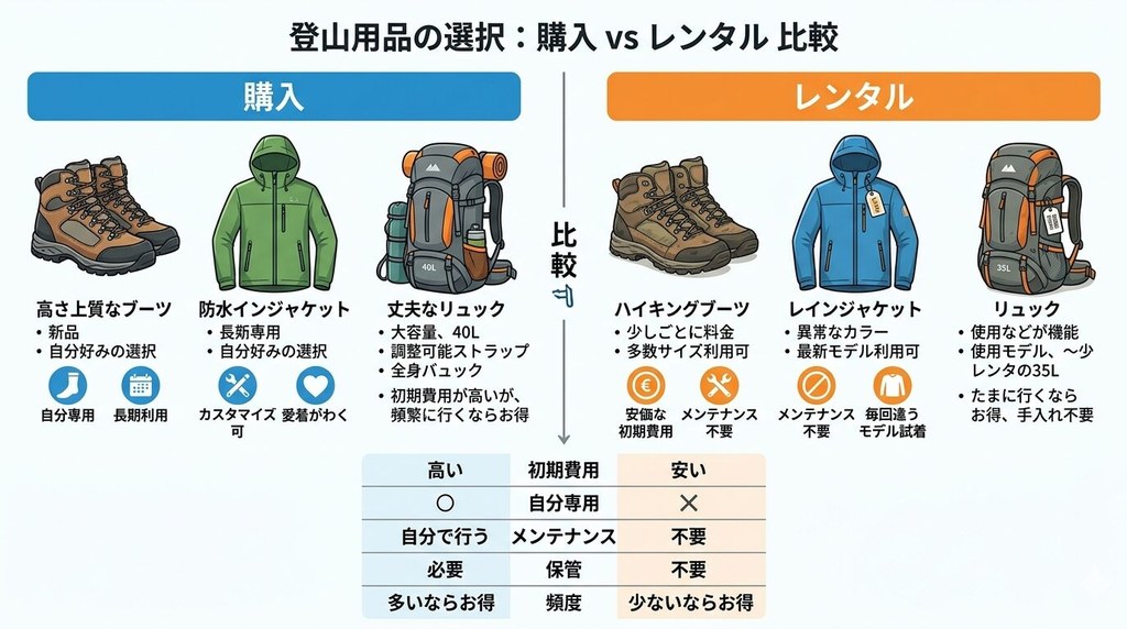 登山用品を購入する場合とレンタルする場合の比較図