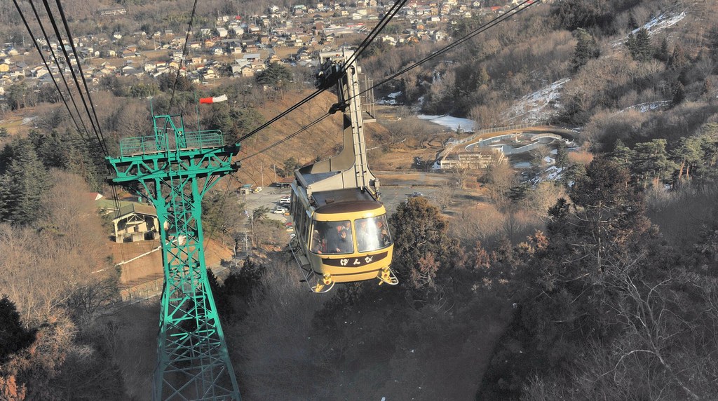 宝登山ロープウェイのゴンドラと、ふもとに広がる長瀞の町