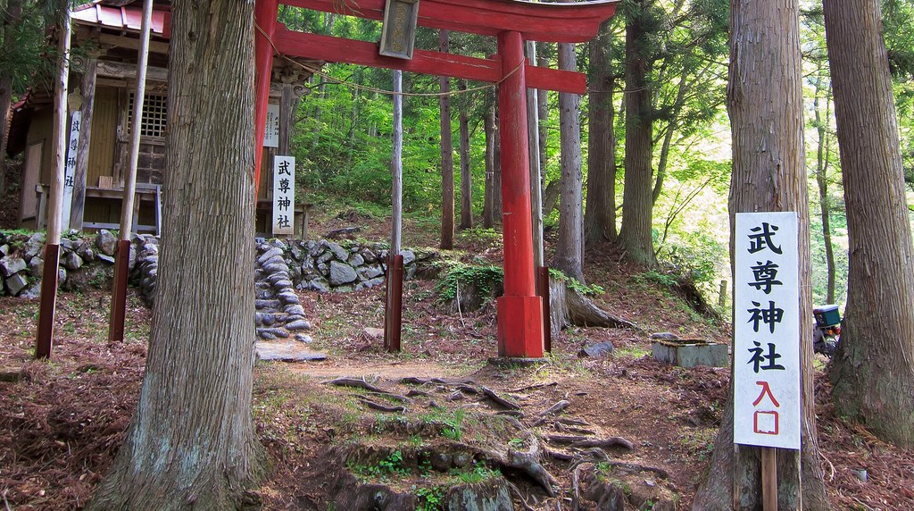 杉林の中に立つ武尊神社の赤い鳥居と入口の看板