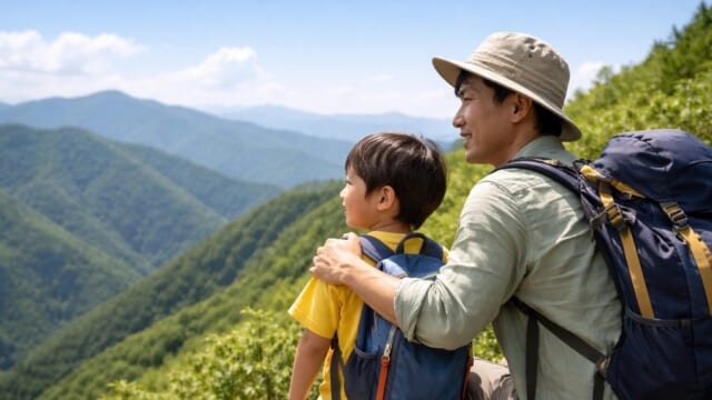 関東の低山の山頂で親子が笑顔で景色を眺めているシーン