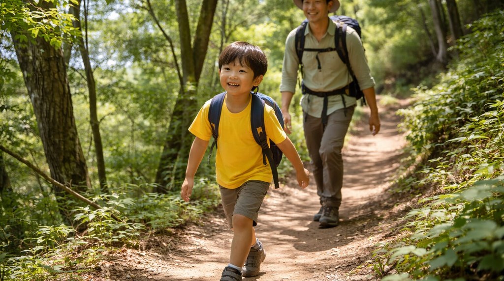 夏の森の登山道を歩く黄色いシャツの男の子と父親