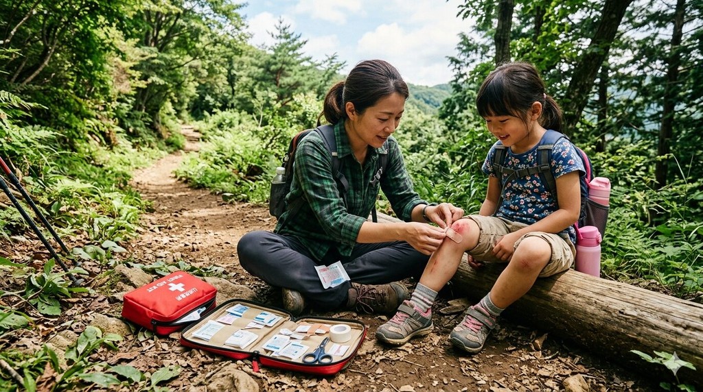 登山道で子どもの手当てをする親子