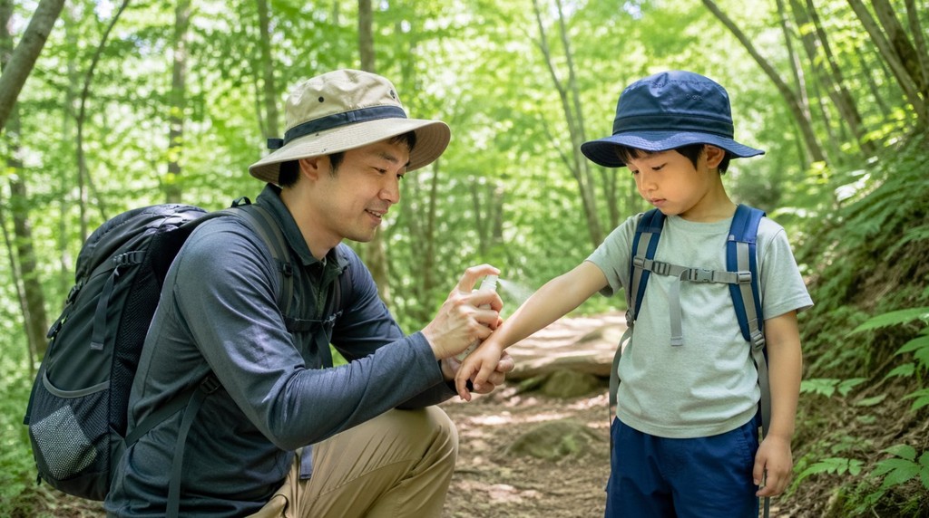 子連れ登山で虫除けスプレーを子どもの腕にかける親子