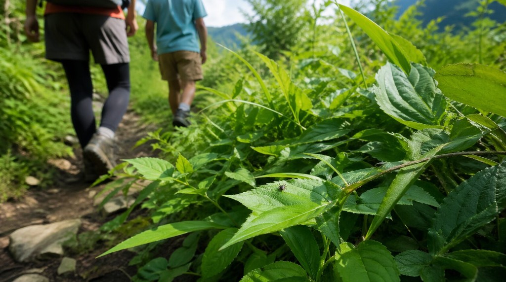 草が茂る登山道を歩く親子