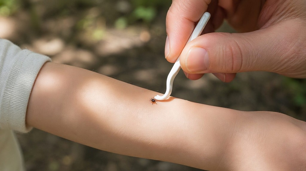 子どもの腕に付いたマダニに道具を当てる手