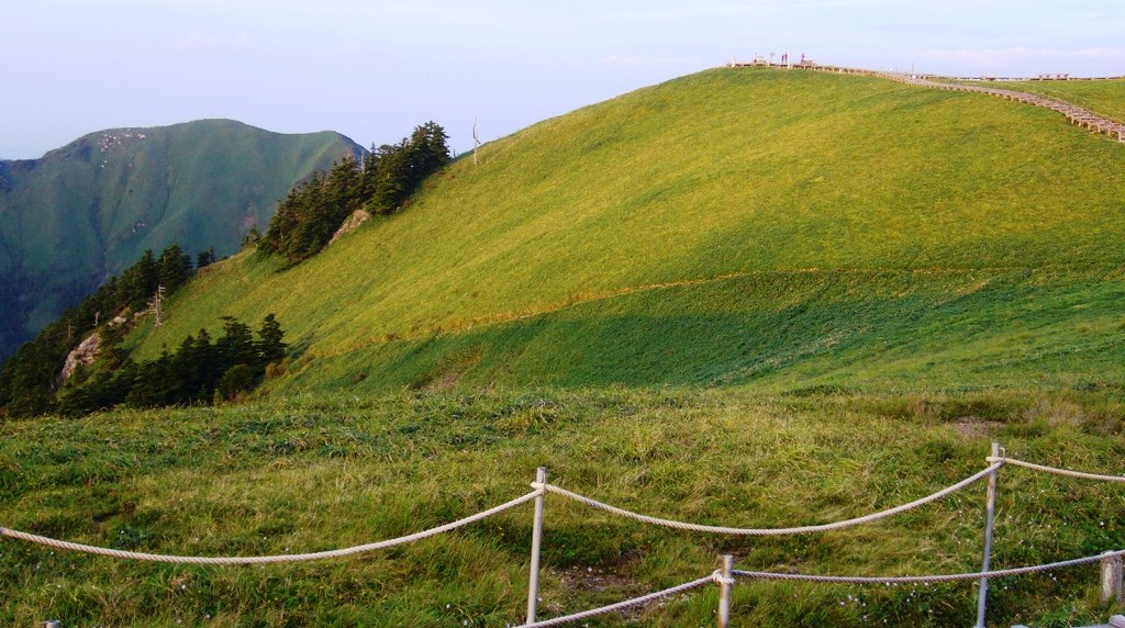 剣山の山頂付近の草原と木道。左奥は次郎笈